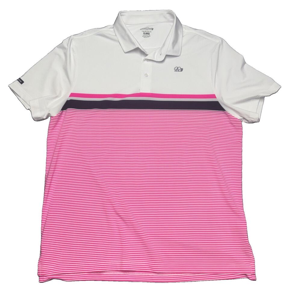 Good Good Golf Performance Polo Mens XL White Pink Striped Stretch Gorpcore